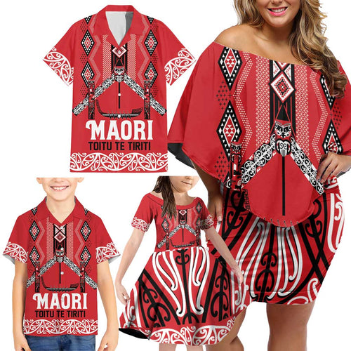 Toitu Te Tiriti Waitangi Family Matching Off Shoulder Short Dress and Hawaiian Shirt Red Wharenui House - Aussie Hoodie
