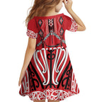 Toitu Te Tiriti Waitangi Family Matching Off Shoulder Short Dress and Hawaiian Shirt Red Wharenui House - Aussie Hoodie