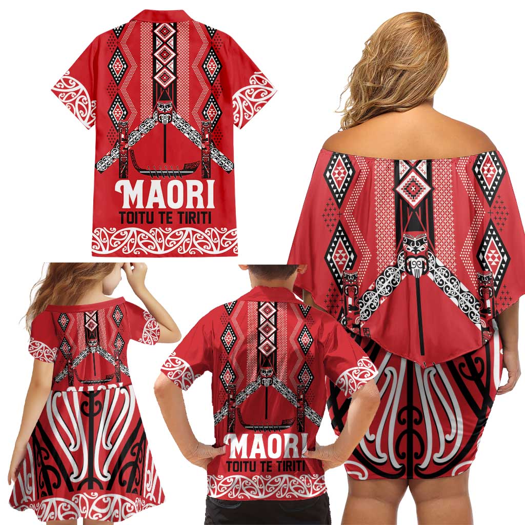 Toitu Te Tiriti Waitangi Family Matching Off Shoulder Short Dress and Hawaiian Shirt Red Wharenui House - Aussie Hoodie
