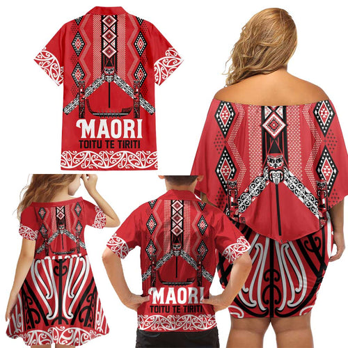 Toitu Te Tiriti Waitangi Family Matching Off Shoulder Short Dress and Hawaiian Shirt Red Wharenui House - Aussie Hoodie