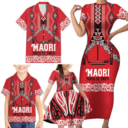 Toitu Te Tiriti Waitangi Family Matching Short Sleeve Bodycon Dress and Hawaiian Shirt Red Wharenui House - Aussie Hoodie