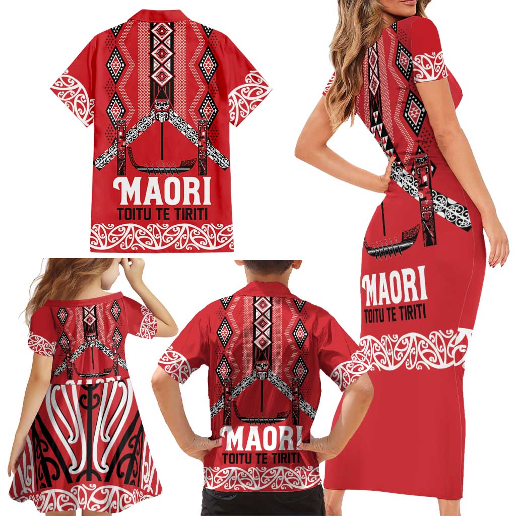 Toitu Te Tiriti Waitangi Family Matching Short Sleeve Bodycon Dress and Hawaiian Shirt Red Wharenui House - Aussie Hoodie