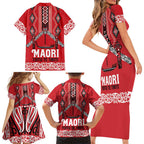 Toitu Te Tiriti Waitangi Family Matching Short Sleeve Bodycon Dress and Hawaiian Shirt Red Wharenui House - Aussie Hoodie