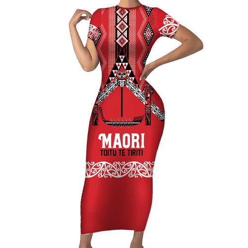 Toitu Te Tiriti Waitangi Family Matching Short Sleeve Bodycon Dress and Hawaiian Shirt Red Wharenui House - Aussie Hoodie
