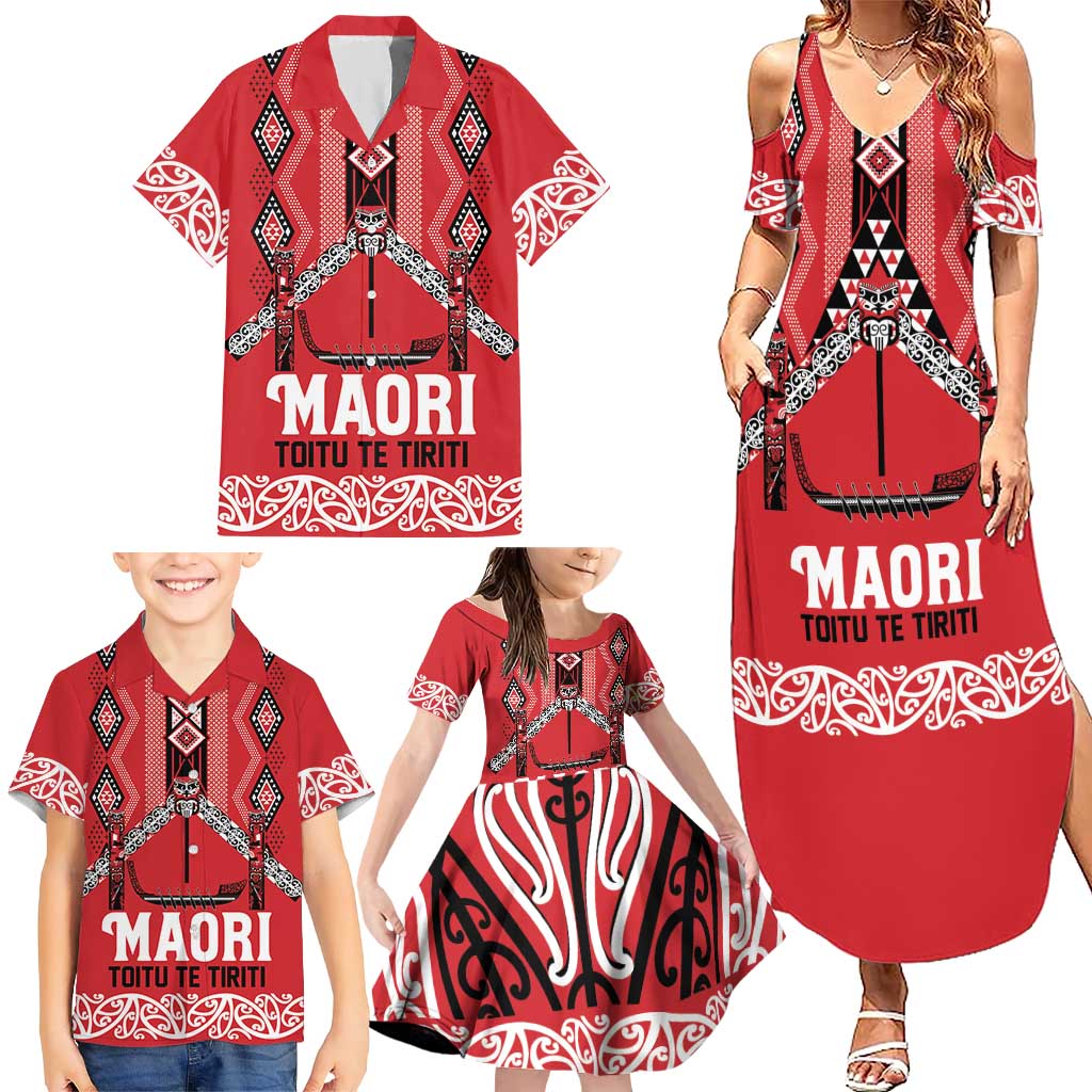 Toitu Te Tiriti Waitangi Family Matching Summer Maxi Dress and Hawaiian Shirt Red Wharenui House - Aussie Hoodie