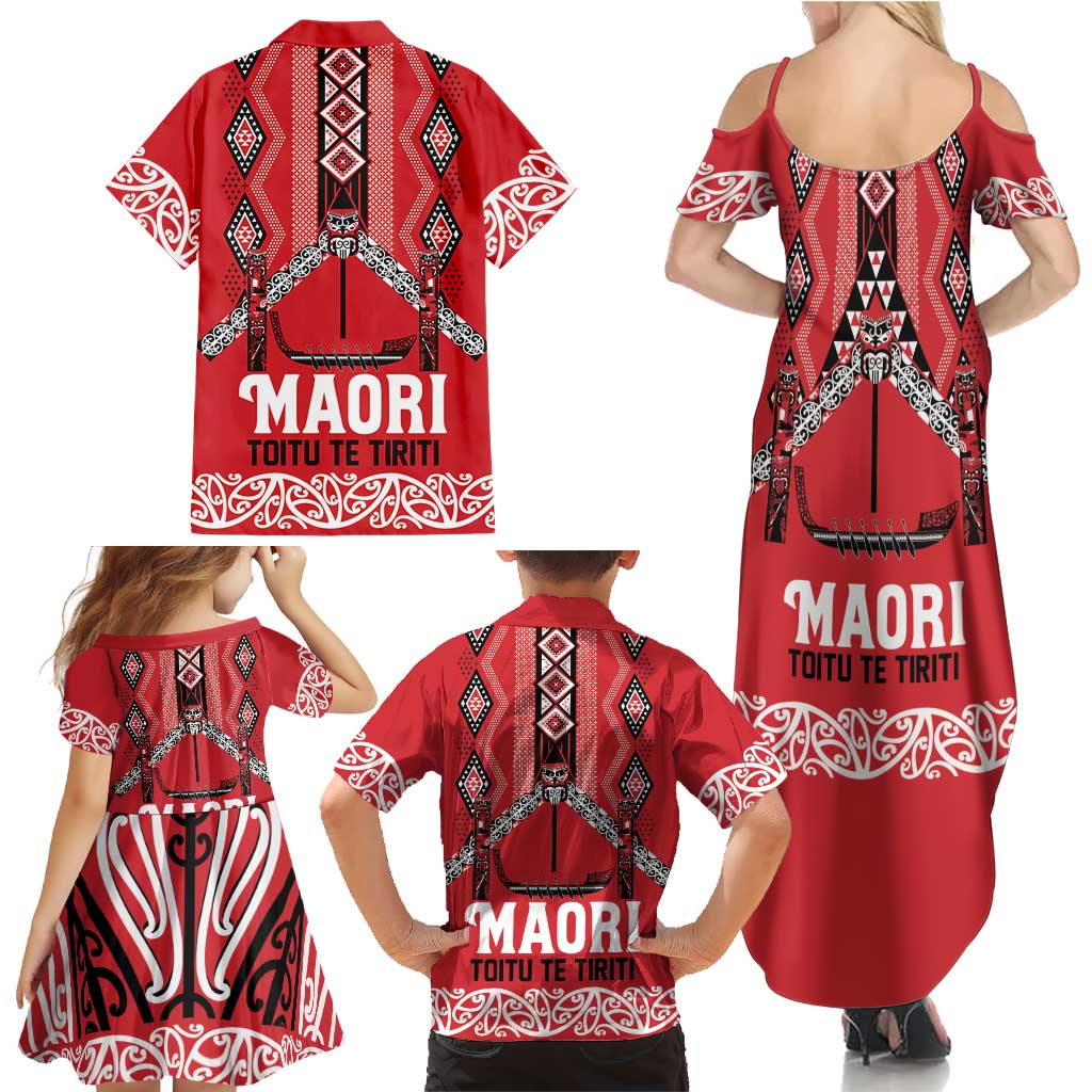 Toitu Te Tiriti Waitangi Family Matching Summer Maxi Dress and Hawaiian Shirt Red Wharenui House - Aussie Hoodie