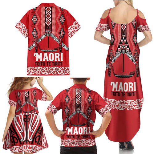 Toitu Te Tiriti Waitangi Family Matching Summer Maxi Dress and Hawaiian Shirt Red Wharenui House - Aussie Hoodie