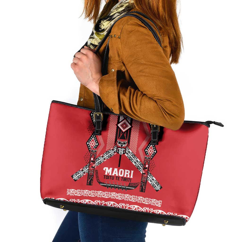 Toitu Te Tiriti Waitangi Leather Tote Bag Red Wharenui House - Aussie Hoodie