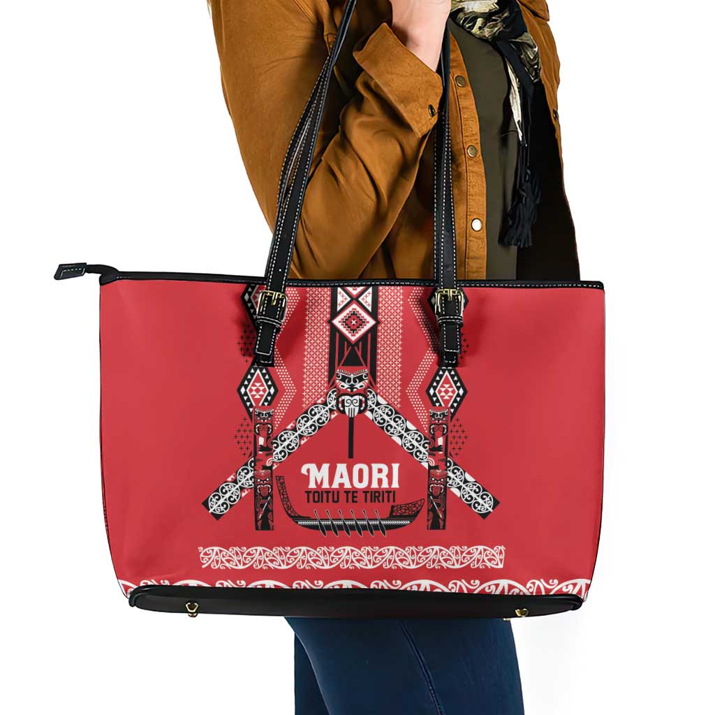 Toitu Te Tiriti Waitangi Leather Tote Bag Red Wharenui House - Aussie Hoodie