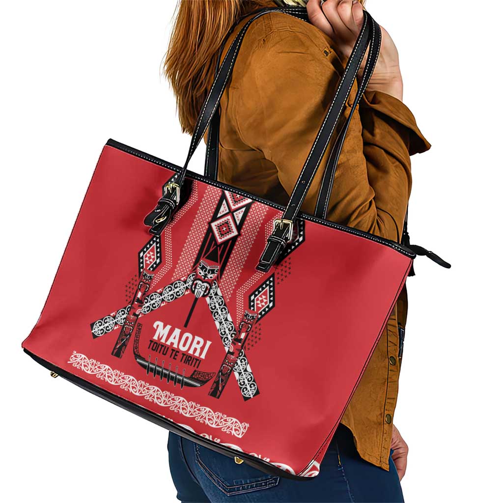 Toitu Te Tiriti Waitangi Leather Tote Bag Red Wharenui House - Aussie Hoodie