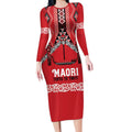 Toitu Te Tiriti Waitangi Long Sleeve Bodycon Dress Red Wharenui House - Aussie Hoodie