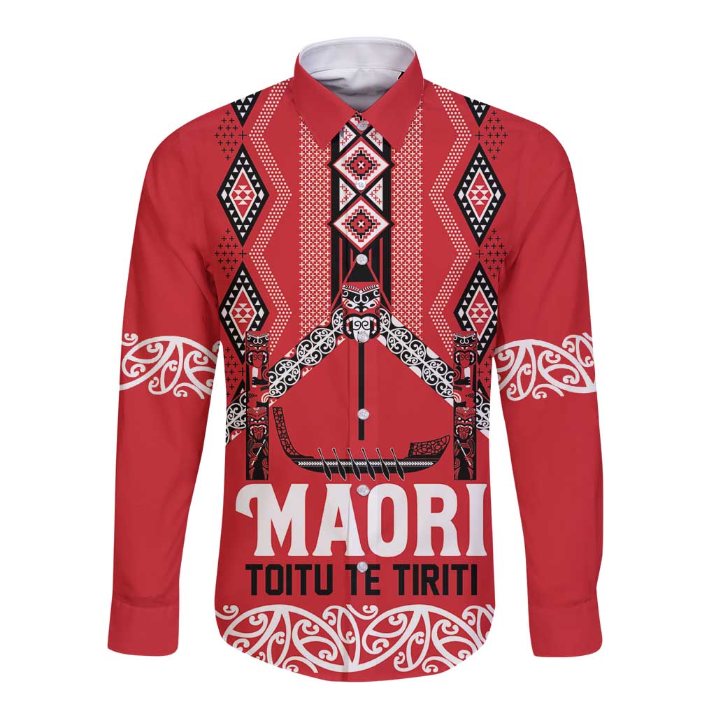 Toitu Te Tiriti Waitangi Long Sleeve Button Shirt Red Wharenui House - Aussie Hoodie