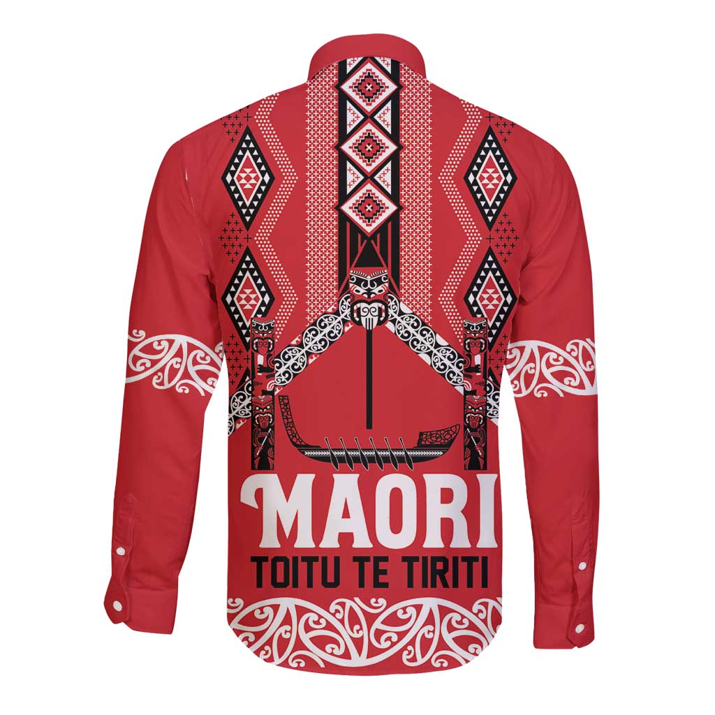 Toitu Te Tiriti Waitangi Long Sleeve Button Shirt Red Wharenui House - Aussie Hoodie