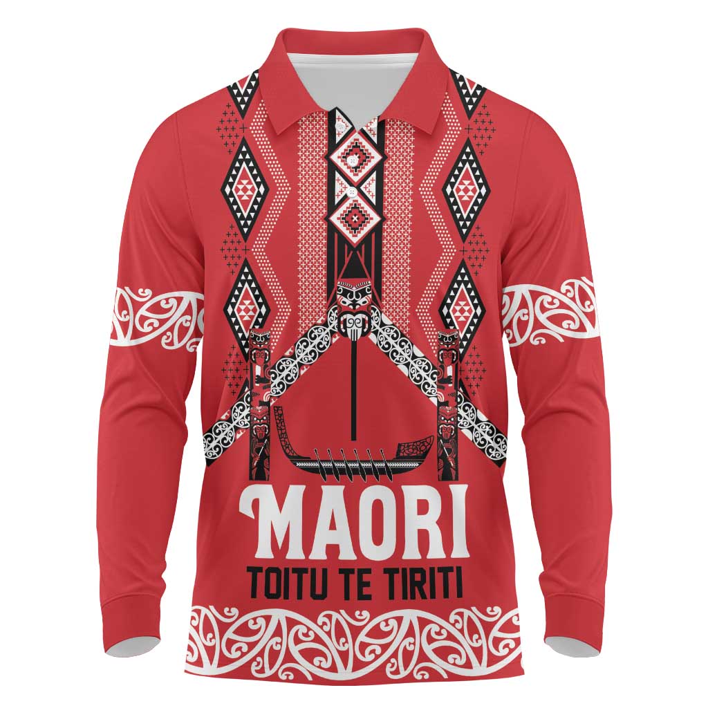 Toitu Te Tiriti Waitangi Long Sleeve Polo Shirt Red Wharenui House - Aussie Hoodie