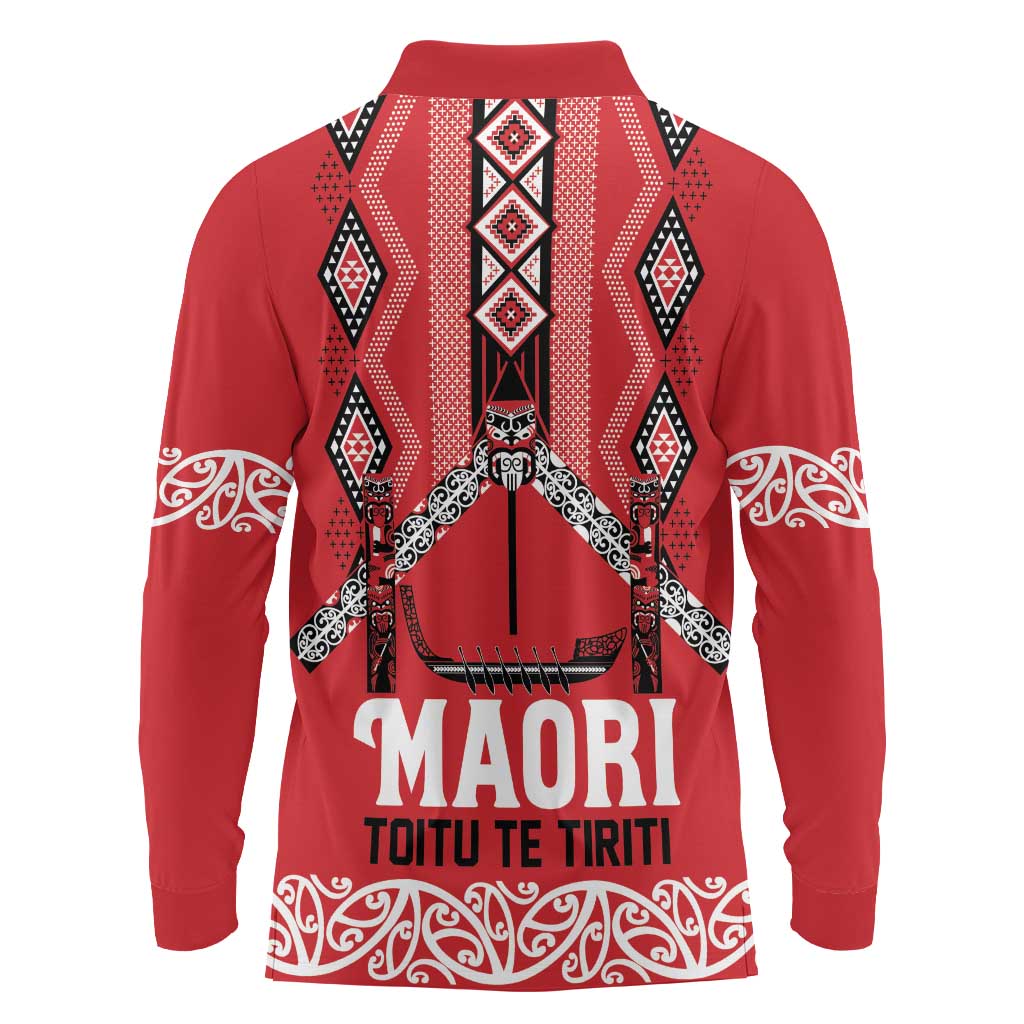 Toitu Te Tiriti Waitangi Long Sleeve Polo Shirt Red Wharenui House - Aussie Hoodie
