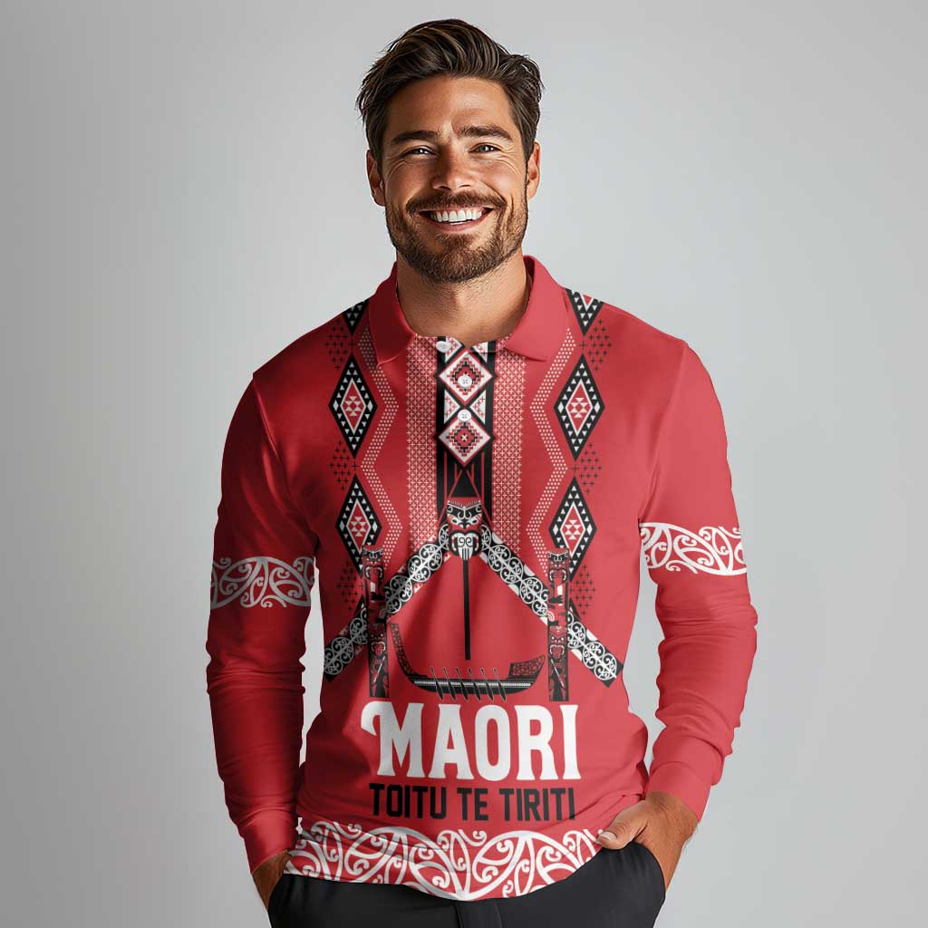 Toitu Te Tiriti Waitangi Long Sleeve Polo Shirt Red Wharenui House - Aussie Hoodie