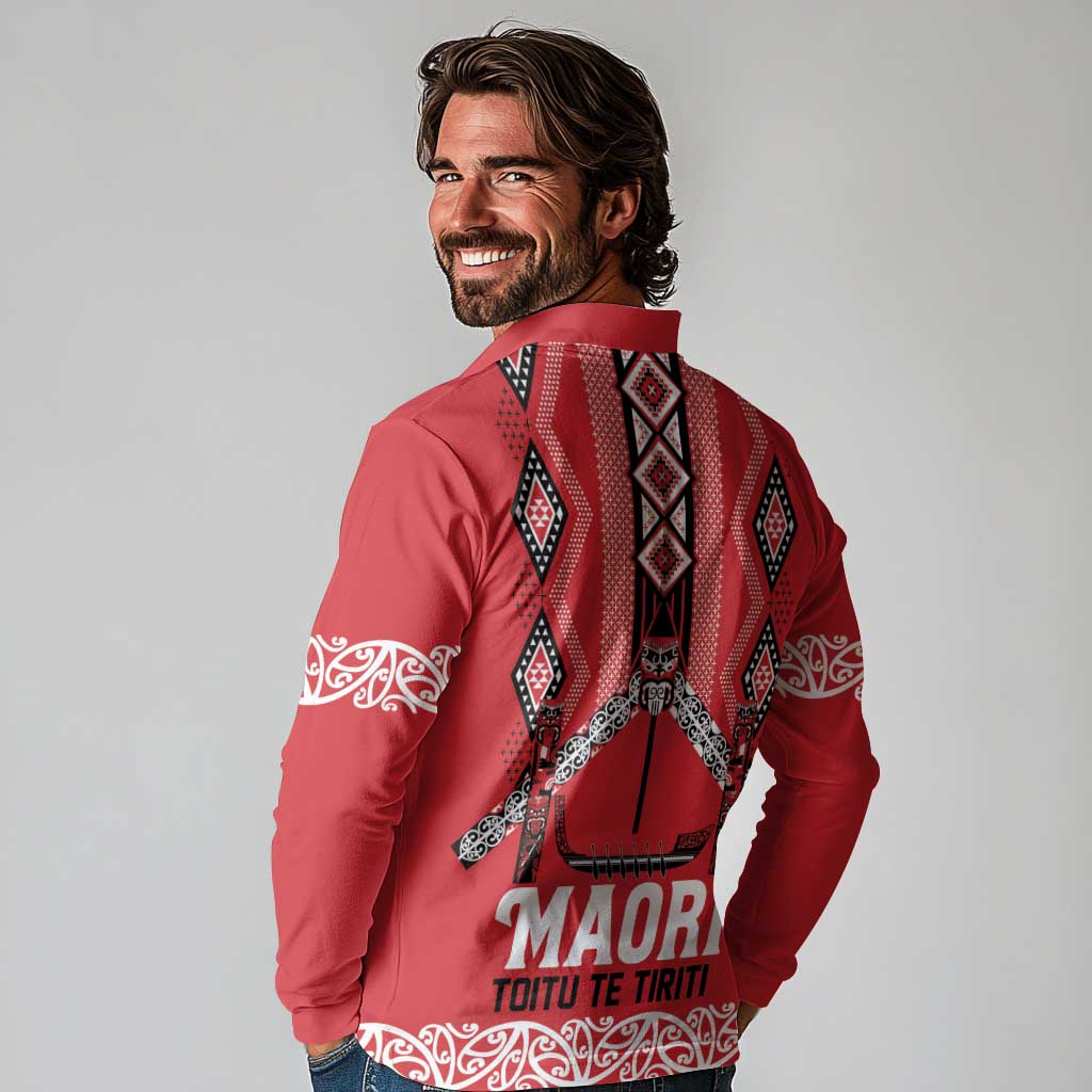 Toitu Te Tiriti Waitangi Long Sleeve Polo Shirt Red Wharenui House - Aussie Hoodie