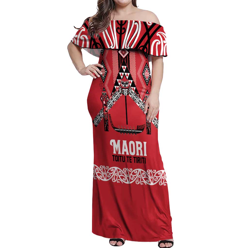 Toitu Te Tiriti Waitangi Off Shoulder Maxi Dress Red Wharenui House - Aussie Hoodie