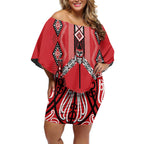 Toitu Te Tiriti Waitangi Off Shoulder Short Dress Red Wharenui House - Aussie Hoodie