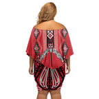 Toitu Te Tiriti Waitangi Off Shoulder Short Dress Red Wharenui House - Aussie Hoodie
