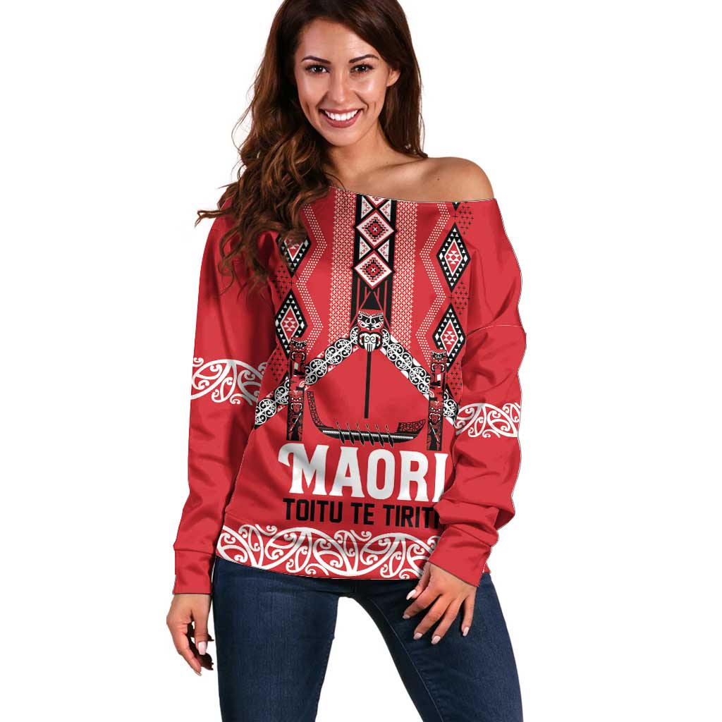 Toitu Te Tiriti Waitangi Off Shoulder Sweater Red Wharenui House - Aussie Hoodie