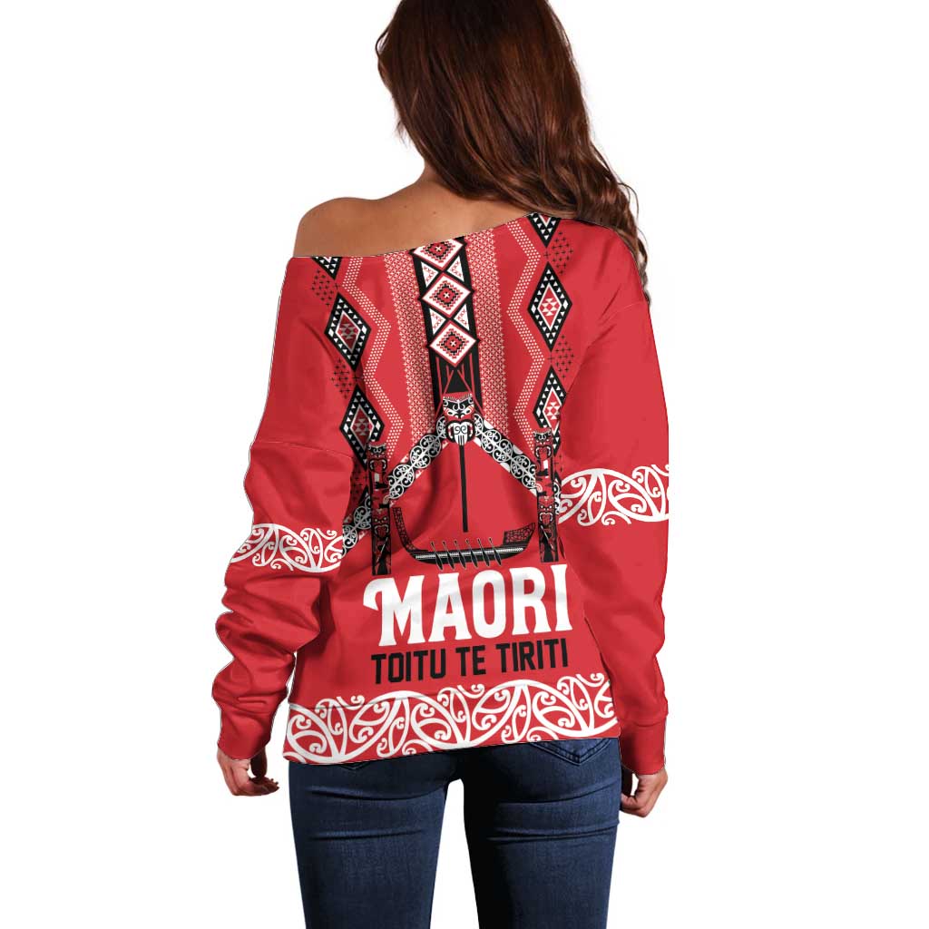 Toitu Te Tiriti Waitangi Off Shoulder Sweater Red Wharenui House - Aussie Hoodie