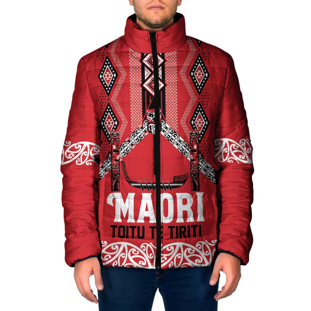 Toitu Te Tiriti Waitangi Padded Jacket Red Wharenui House - Aussie Hoodie