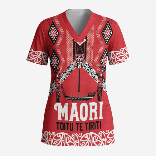 Toitu Te Tiriti Waitangi Scrub Top Red Wharenui House - Aussie Hoodie