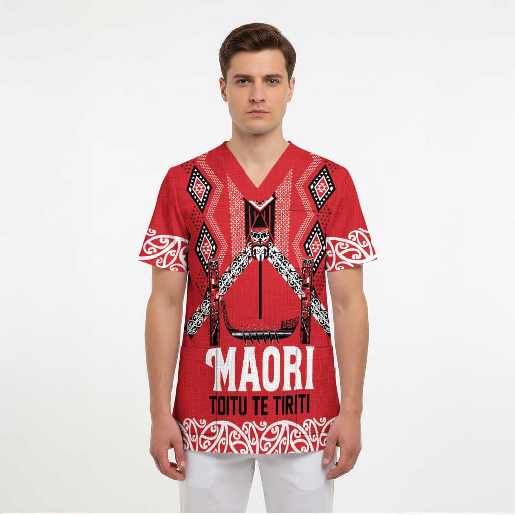Toitu Te Tiriti Waitangi Scrub Top Red Wharenui House - Aussie Hoodie