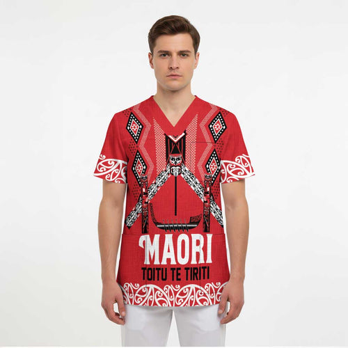 Toitu Te Tiriti Waitangi Scrub Top Red Wharenui House - Aussie Hoodie