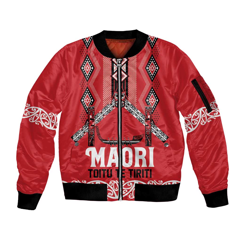 Toitu Te Tiriti Waitangi Sleeve Zip Bomber Jacket Red Wharenui House - Aussie Hoodie