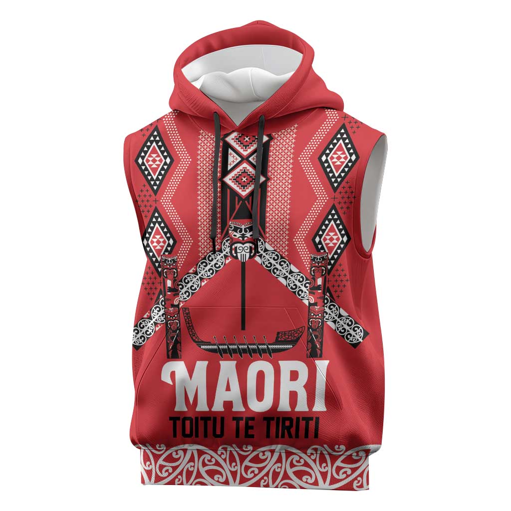 Toitu Te Tiriti Waitangi Sleeveless Hoodie Red Wharenui House - Aussie Hoodie