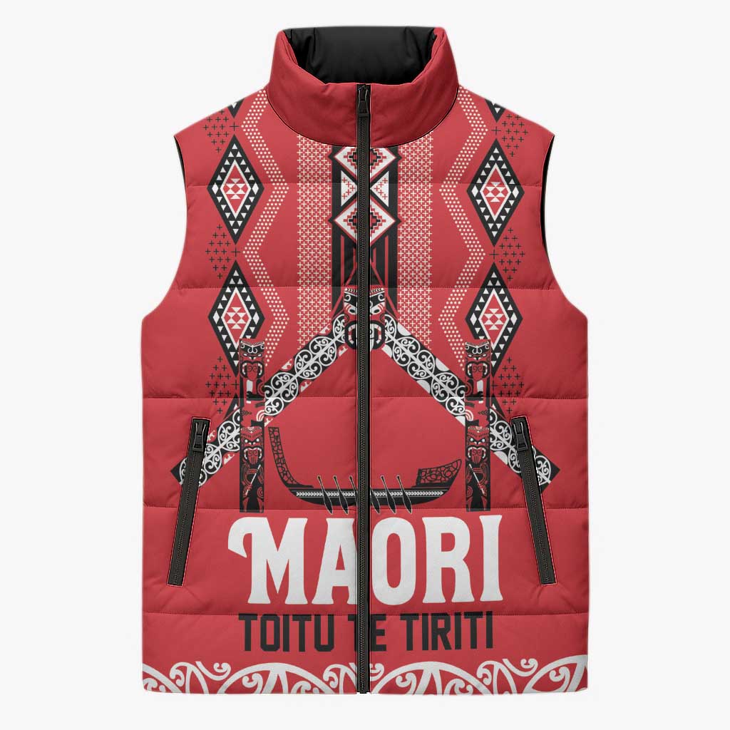Toitu Te Tiriti Waitangi Sleeveless Puffer Jacket Red Wharenui House - Aussie Hoodie