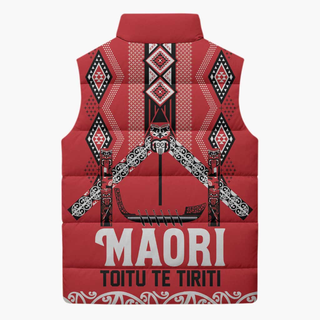Toitu Te Tiriti Waitangi Sleeveless Puffer Jacket Red Wharenui House - Aussie Hoodie