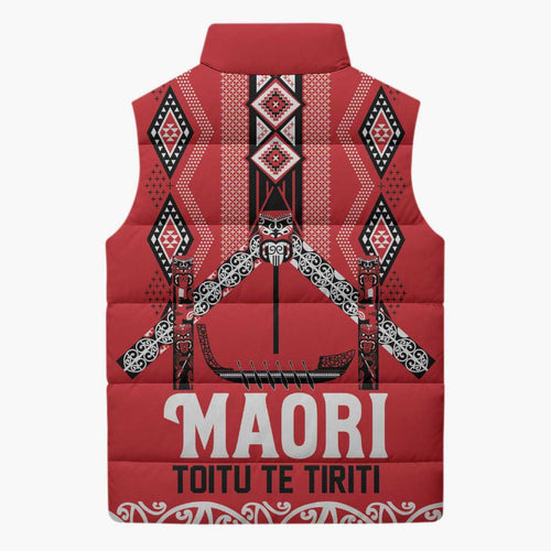 Toitu Te Tiriti Waitangi Sleeveless Puffer Jacket Red Wharenui House - Aussie Hoodie