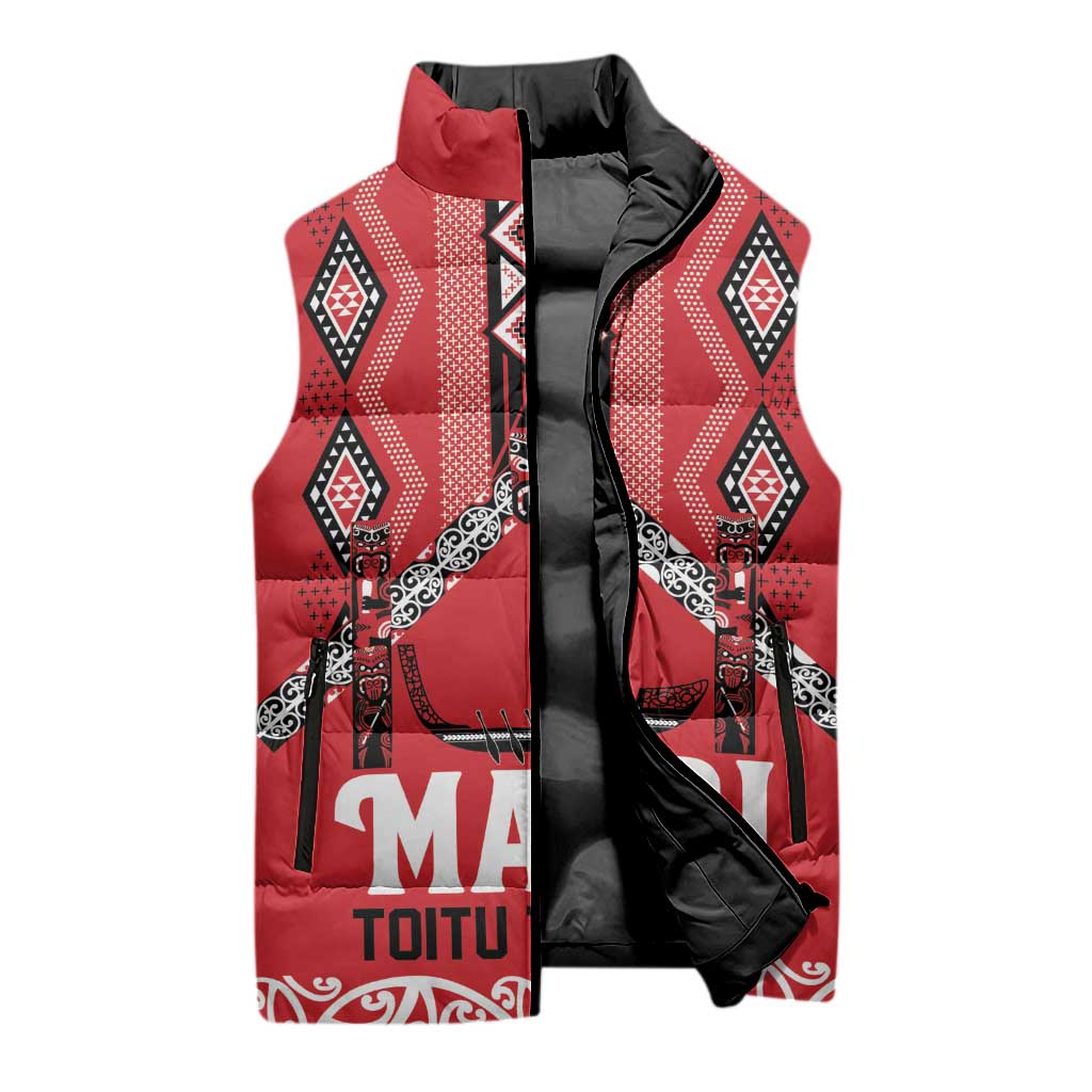 Toitu Te Tiriti Waitangi Sleeveless Puffer Jacket Red Wharenui House - Aussie Hoodie