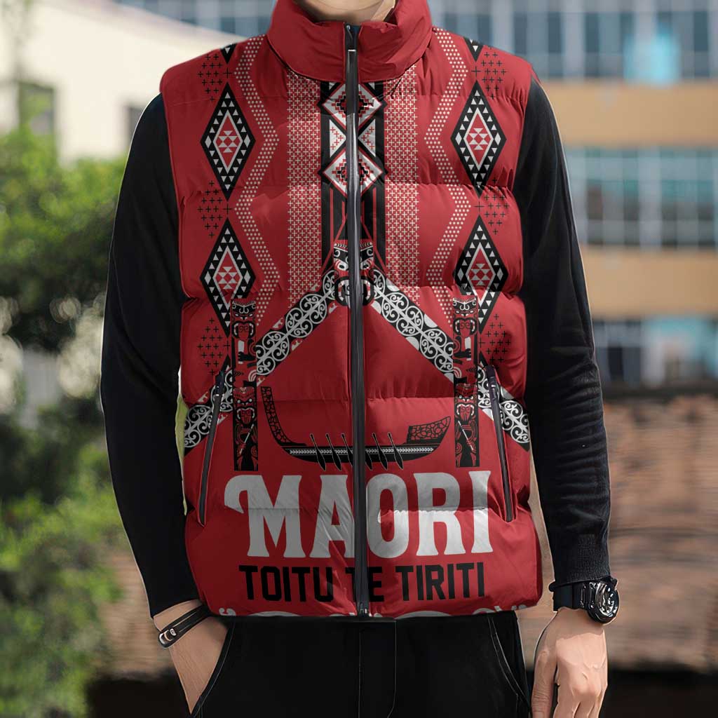 Toitu Te Tiriti Waitangi Sleeveless Puffer Jacket Red Wharenui House - Aussie Hoodie