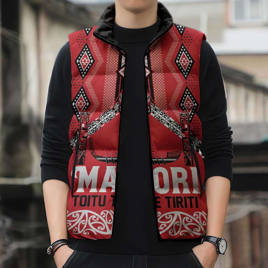 Toitu Te Tiriti Waitangi Sleeveless Puffer Jacket Red Wharenui House - Aussie Hoodie