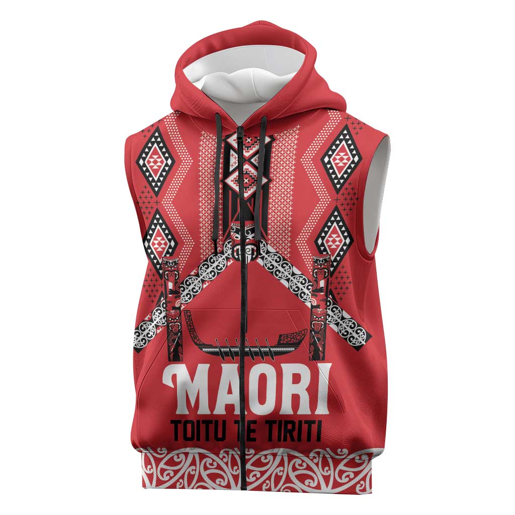 Toitu Te Tiriti Waitangi Sleeveless Zip Hoodie Red Wharenui House - Aussie Hoodie