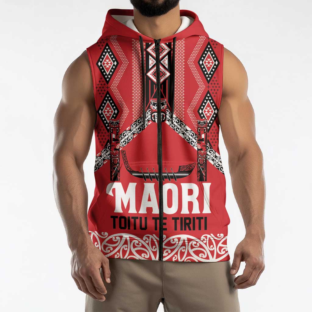 Toitu Te Tiriti Waitangi Sleeveless Zip Hoodie Red Wharenui House - Aussie Hoodie