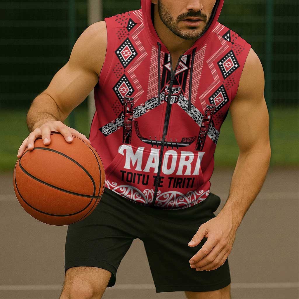 Toitu Te Tiriti Waitangi Sleeveless Zip Hoodie Red Wharenui House - Aussie Hoodie