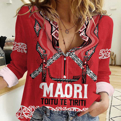 Toitu Te Tiriti Waitangi Women Casual Shirt Red Wharenui House - Aussie Hoodie