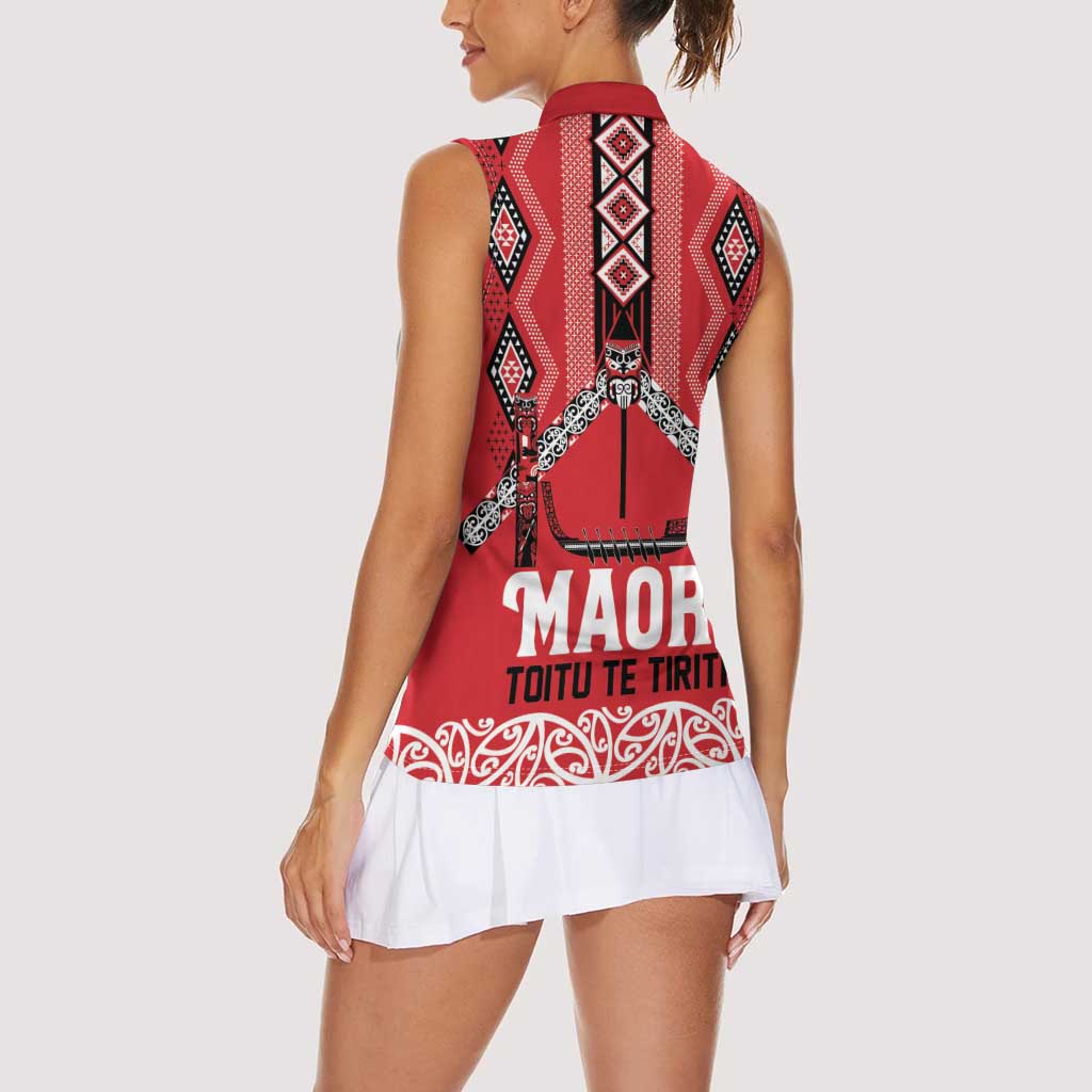 Toitu Te Tiriti Waitangi Women Sleeveless Polo Shirt Red Wharenui House - Aussie Hoodie