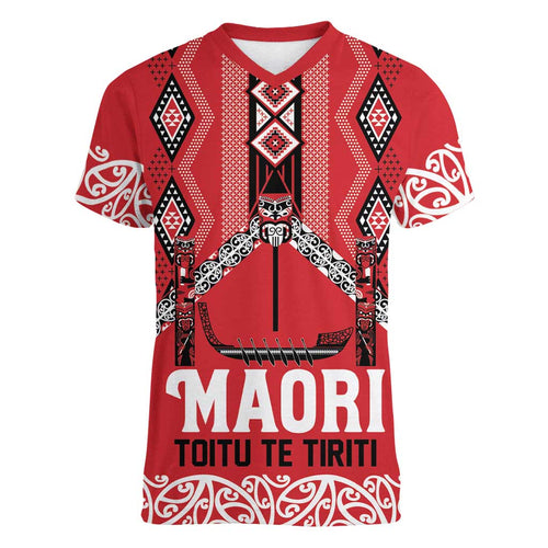 Toitu Te Tiriti Waitangi Women V-Neck T-Shirt Red Wharenui House - Aussie Hoodie