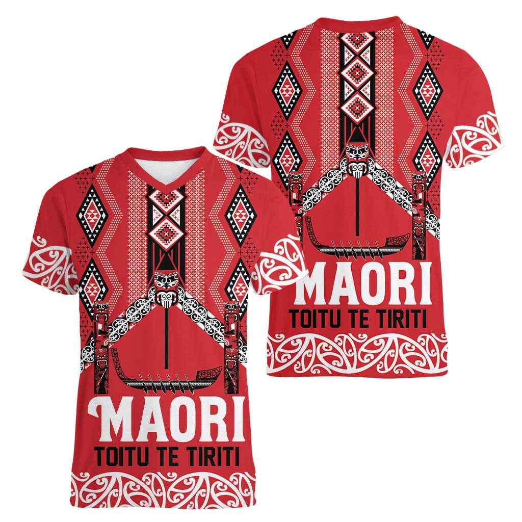 Toitu Te Tiriti Waitangi Women V-Neck T-Shirt Red Wharenui House - Aussie Hoodie