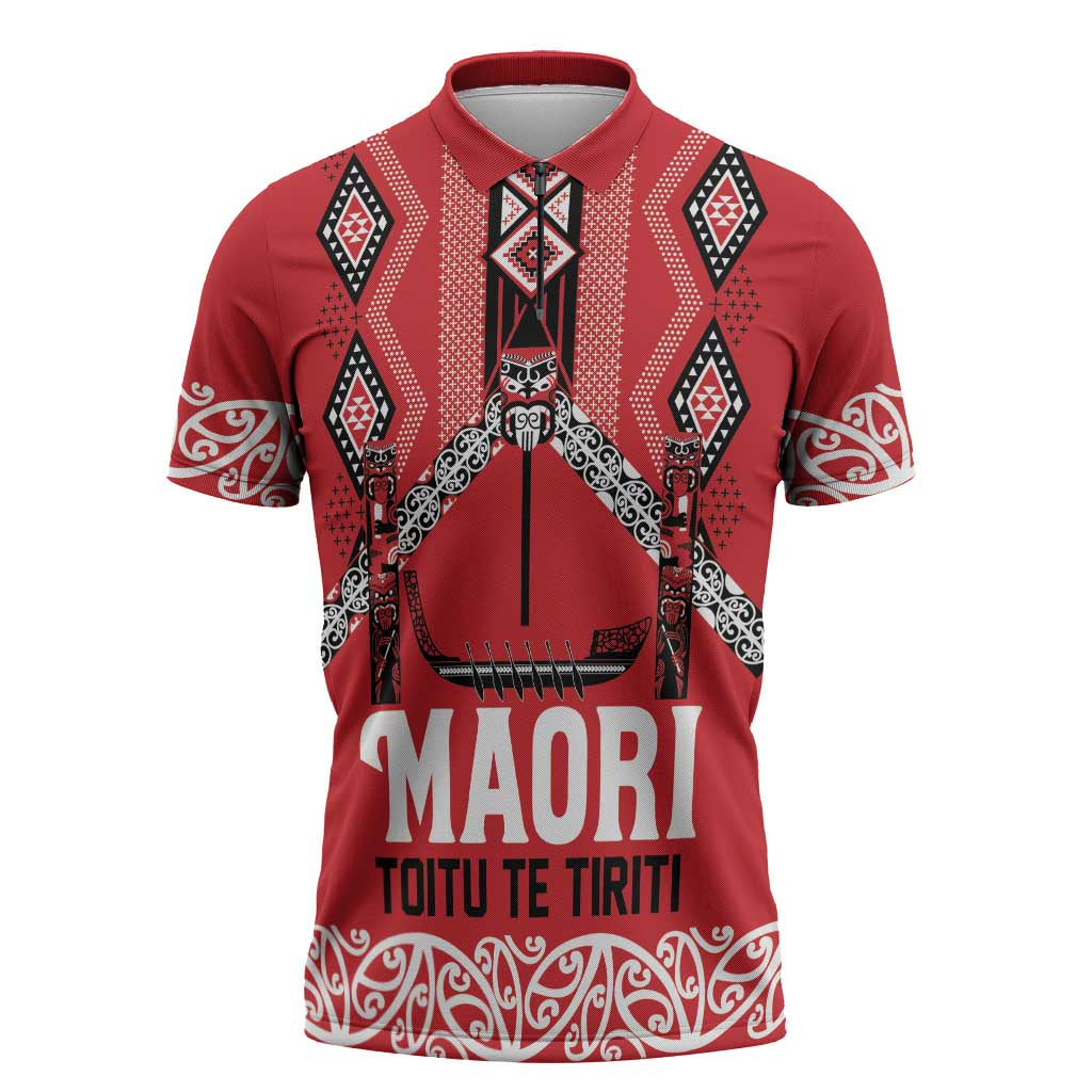 Toitu Te Tiriti Waitangi Zipper Polo Shirt Red Wharenui House - Aussie Hoodie