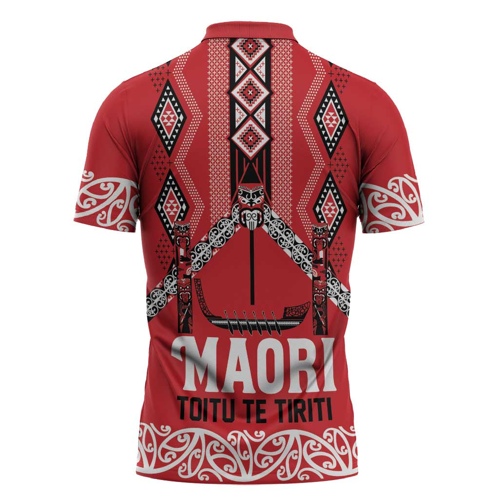 Toitu Te Tiriti Waitangi Zipper Polo Shirt Red Wharenui House - Aussie Hoodie