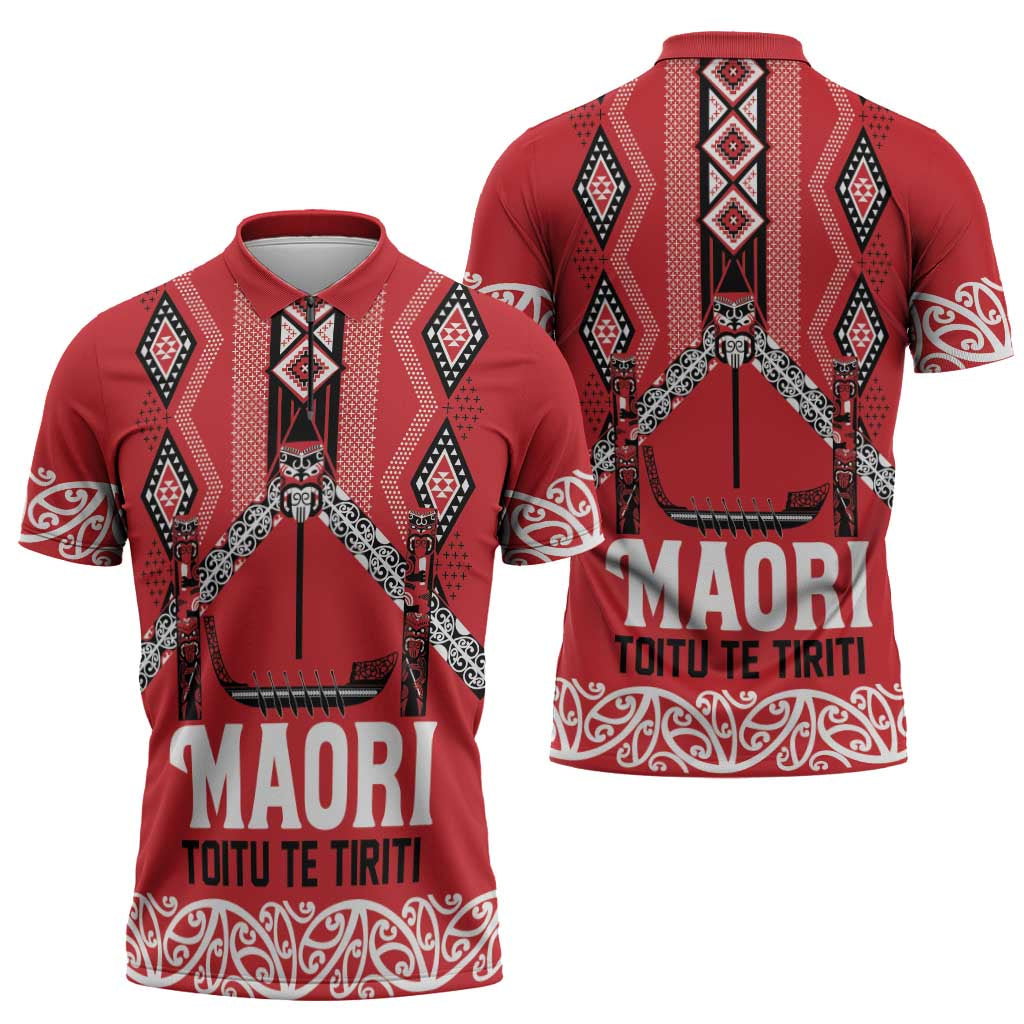 Toitu Te Tiriti Waitangi Zipper Polo Shirt Red Wharenui House - Aussie Hoodie