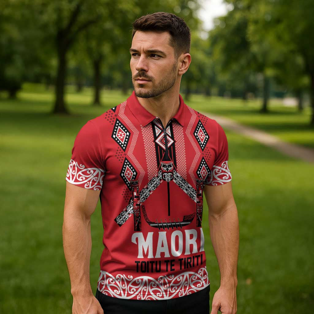 Toitu Te Tiriti Waitangi Zipper Polo Shirt Red Wharenui House - Aussie Hoodie