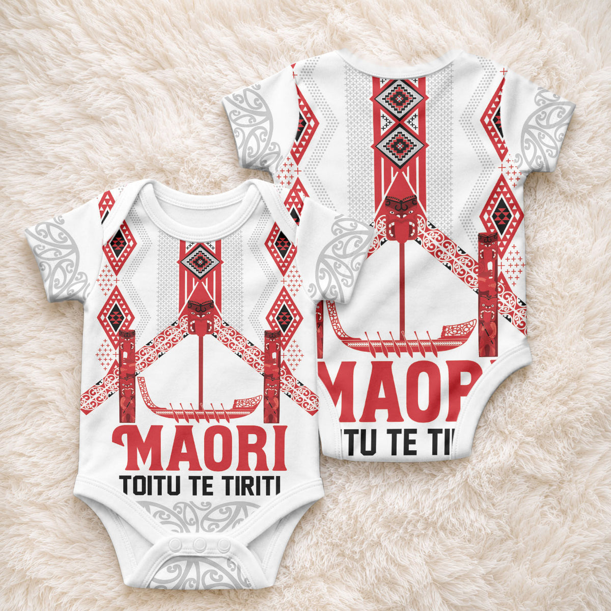 Toitu Te Tiriti Waitangi Baby Onesie White Wharenui House